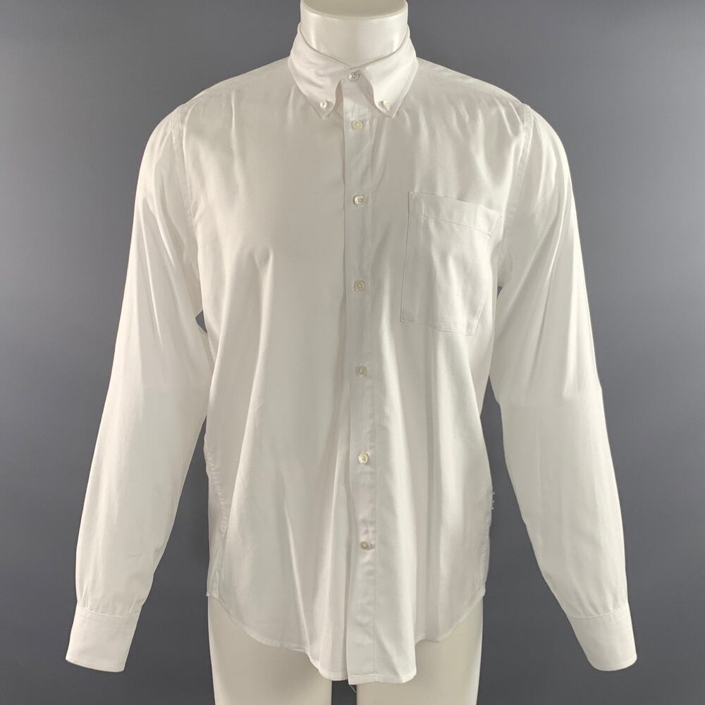 NN07 Size M White Patch Cotton Blend Button Down Long Sleeve Shirt